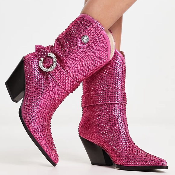 NEW Azalea Wang Federica Rhinestone Western Pink Cowboy heel boot women size 7 - Picture 3 of 8